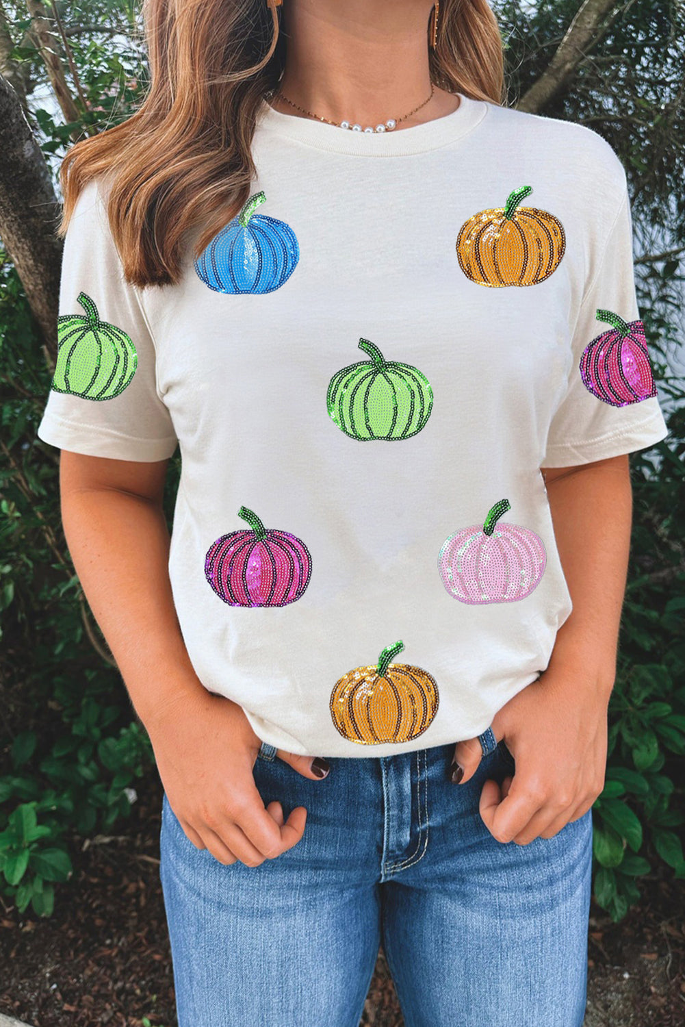 White Colorful Pumpkin Sequin Patched Drop Shoulder Sweatshirt