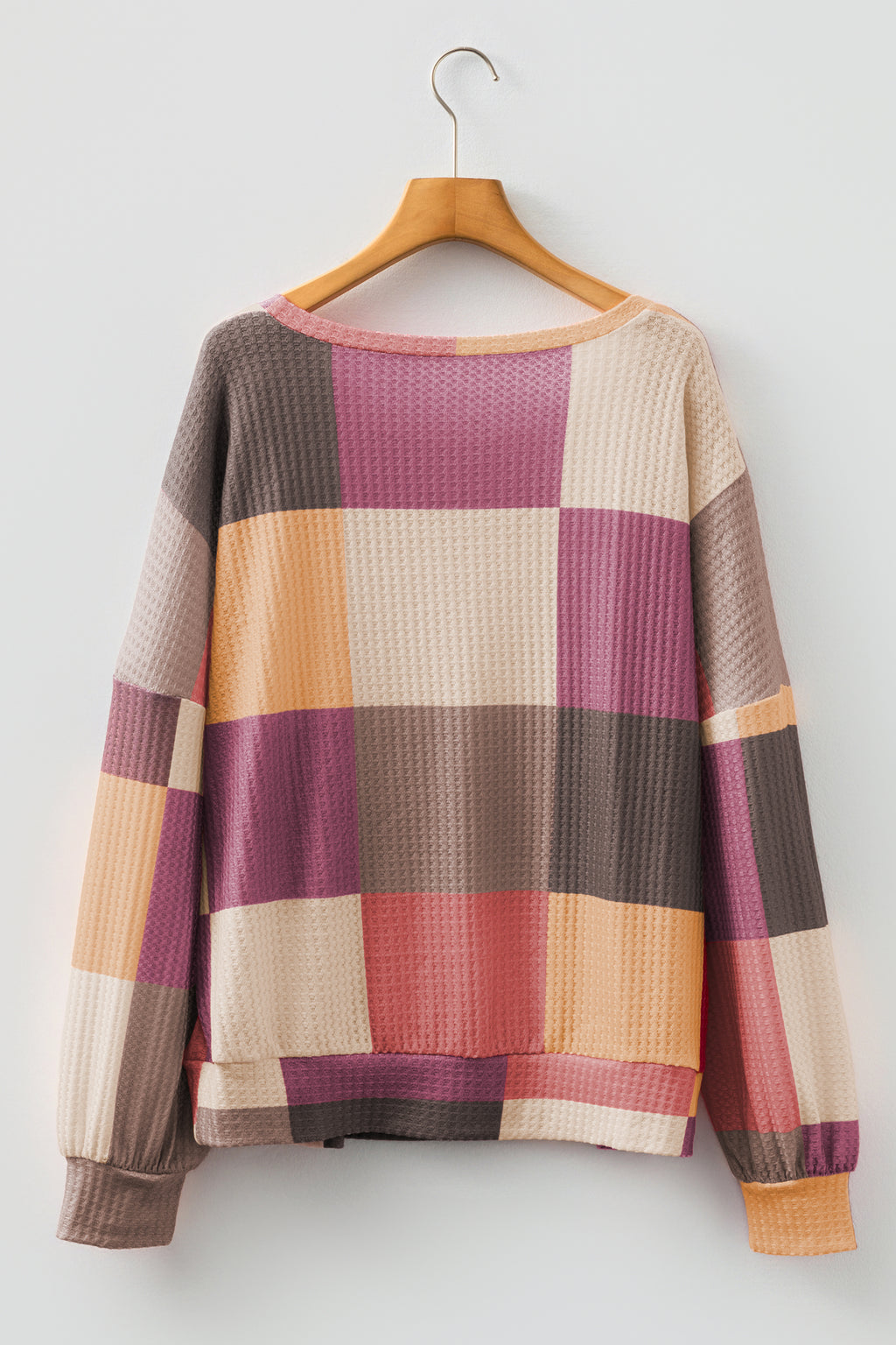 Green Checkered Print Textured Knit Long Sleeve Loose Top