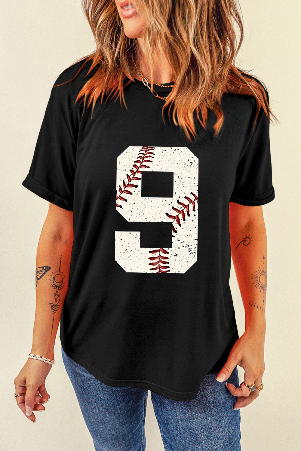 Black Number 9 Distressed Baseball Pattern Oversize Tee