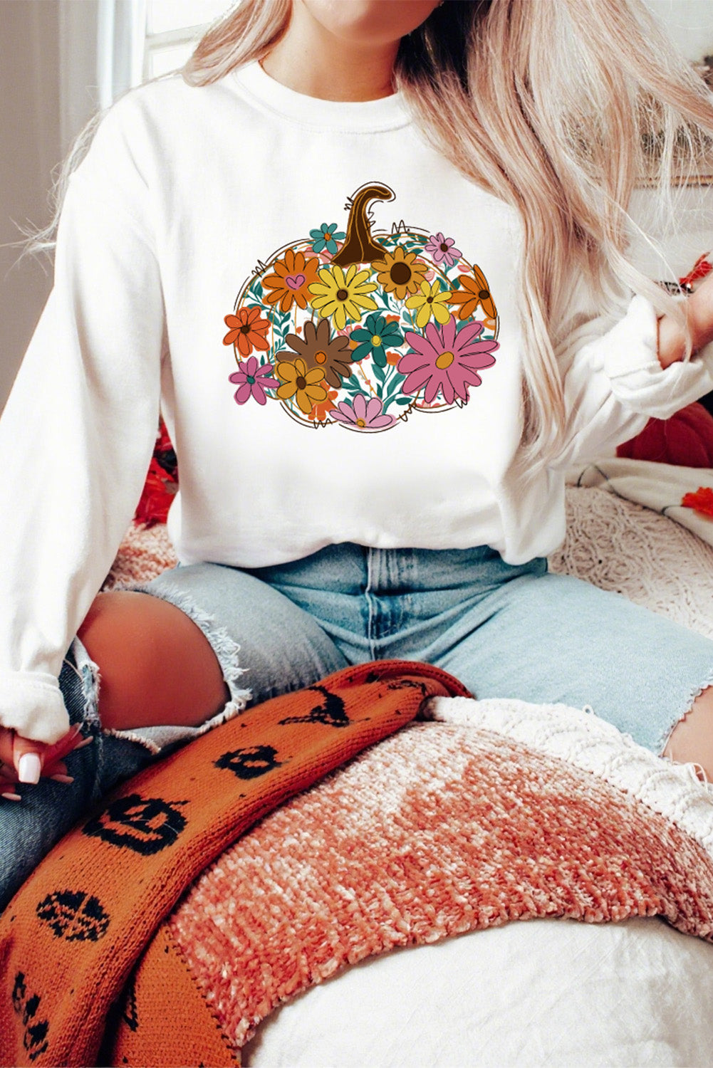 White Floral Pumpkin Custom Graphic Sweatshirt