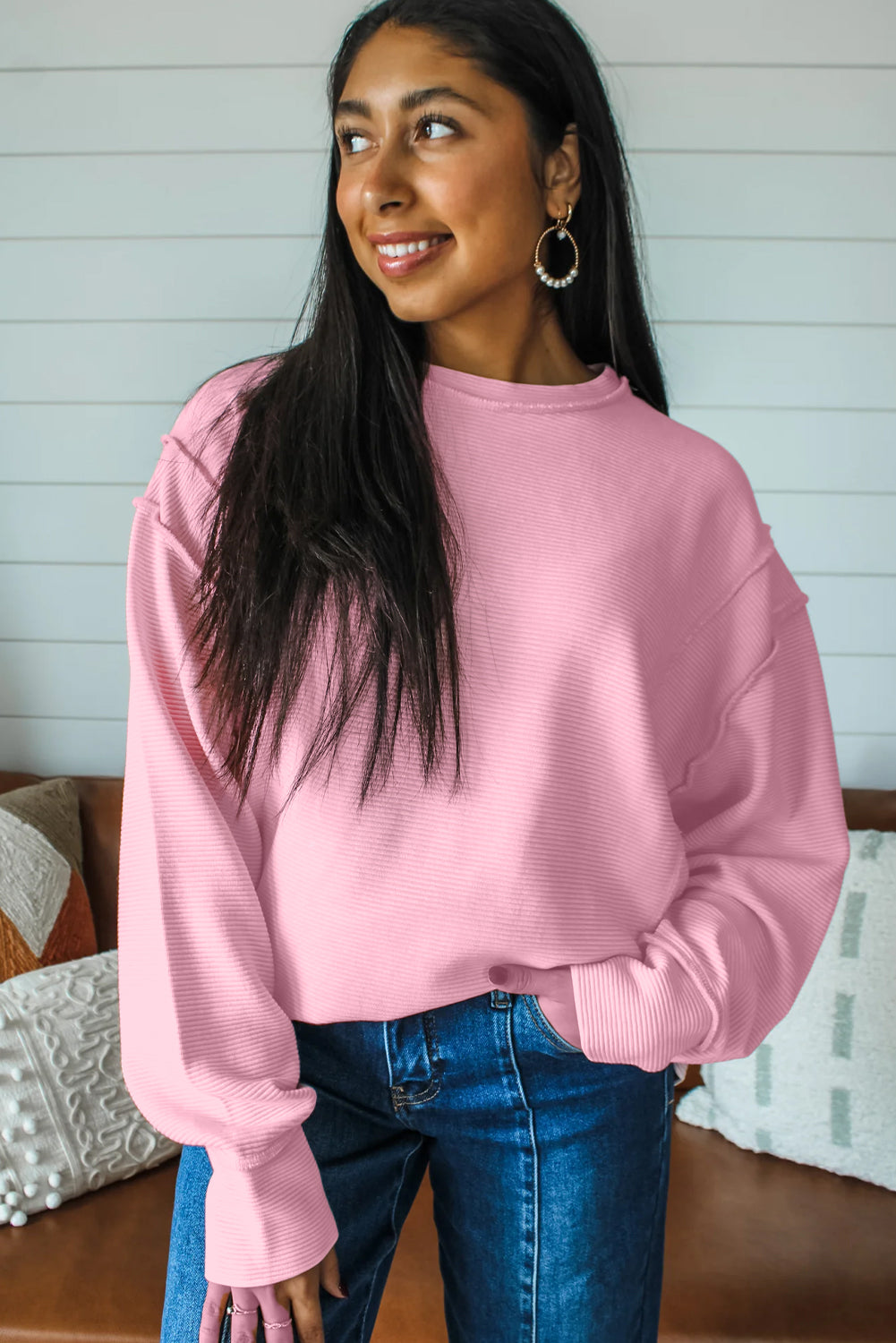 Lavendula Horizontal Ribbed Exposed Seam Detail Drop Shoulder Baggy Pullover