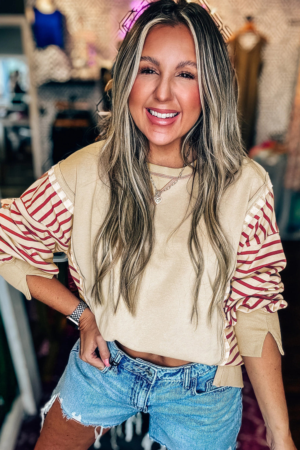 Black Stripe Sleeve Patchwork Casual Knit Top