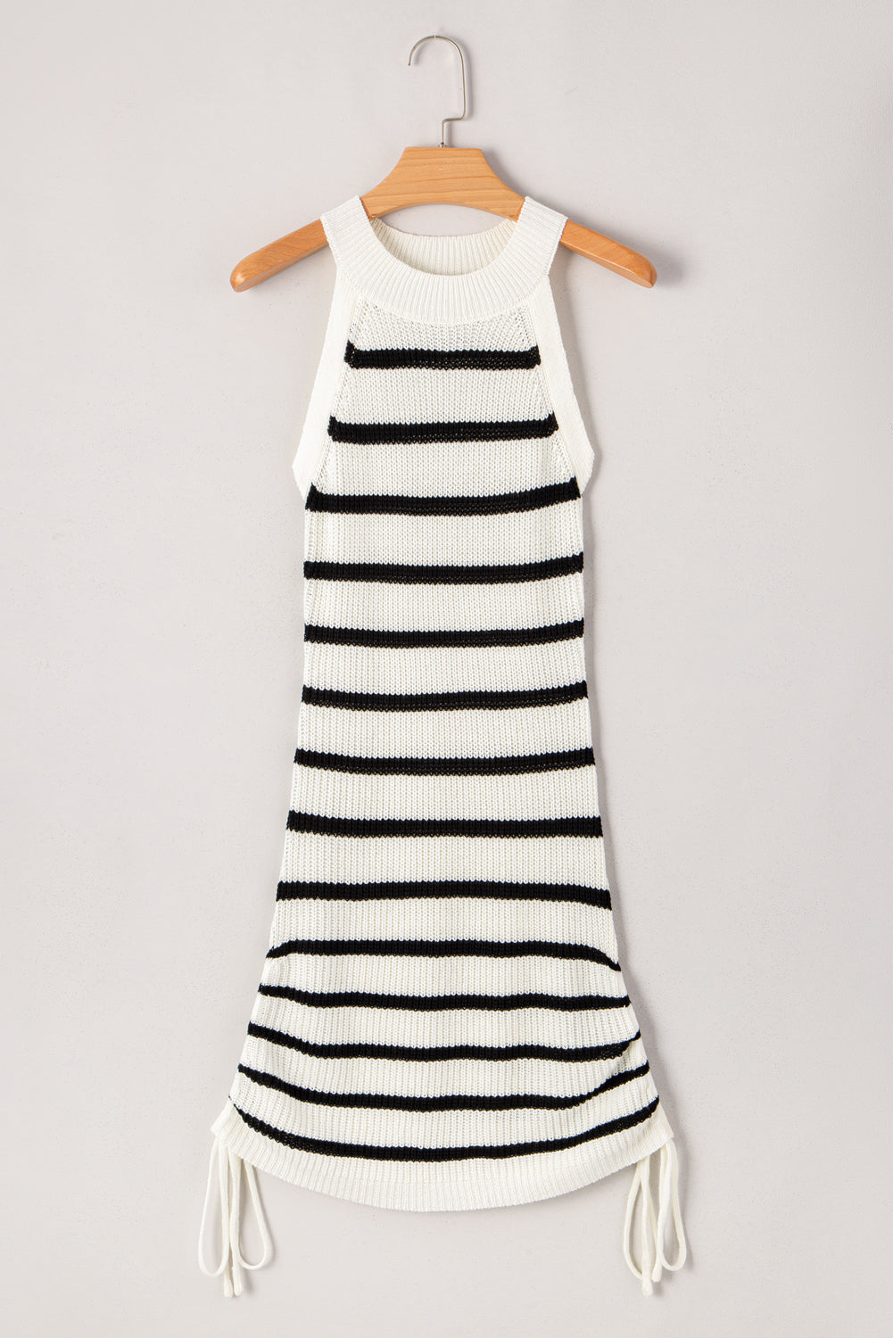Black Stripe Knitted Drawstring Detail Sleeveless Dress
