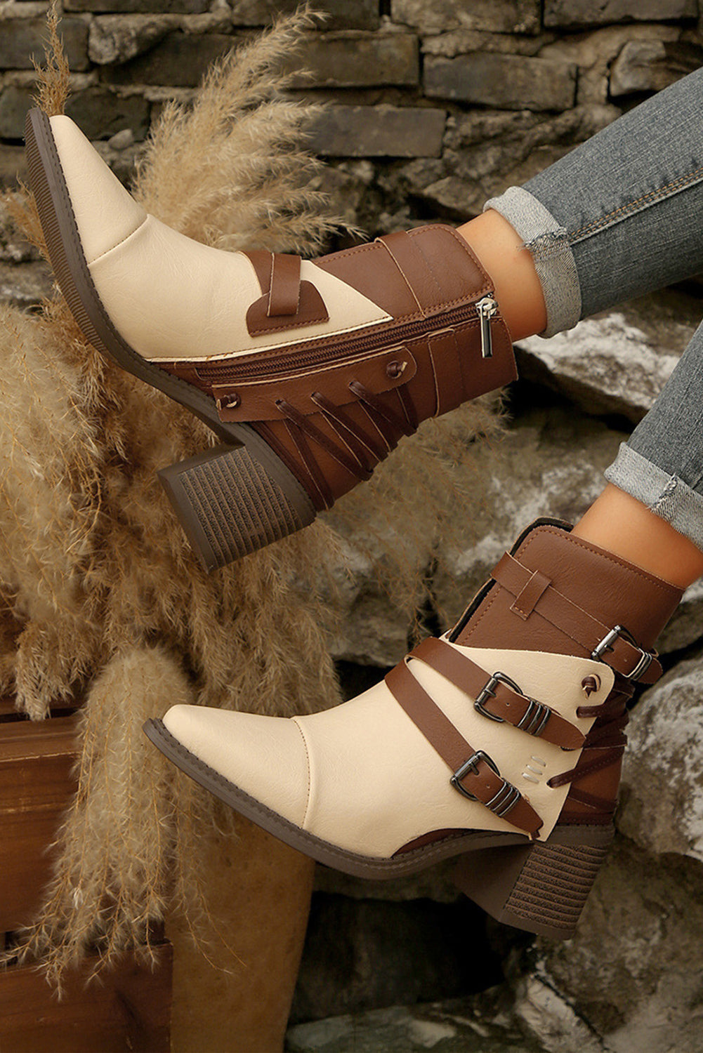 White Faux Leather Color Block Patchwork Lace Up Buckle Detail Boots