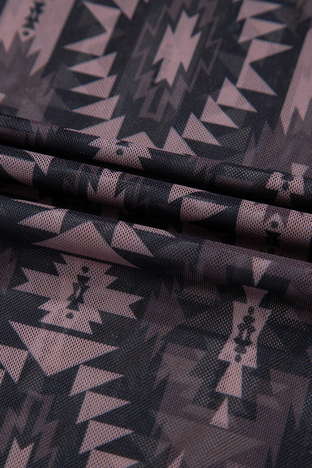 Brown Aztec Print Mock Neck Short Sleeve Mesh T Shirt