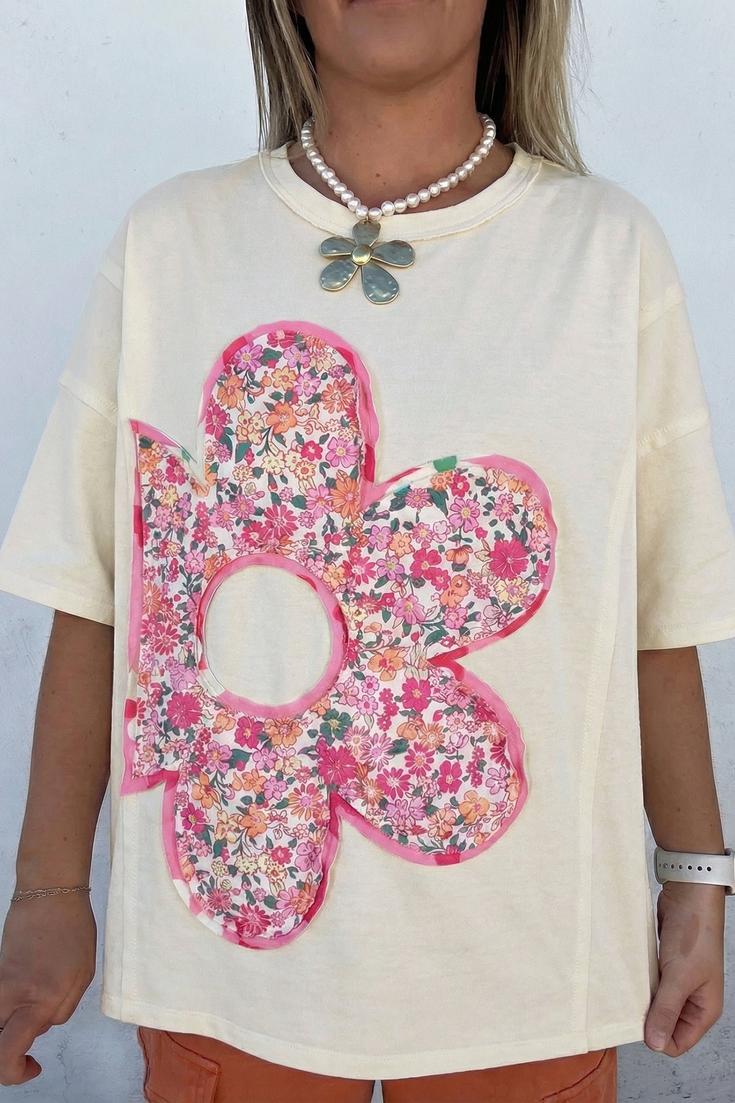 Bright Pink Floral Patched Raw Seam Big Flower Oversize Tee