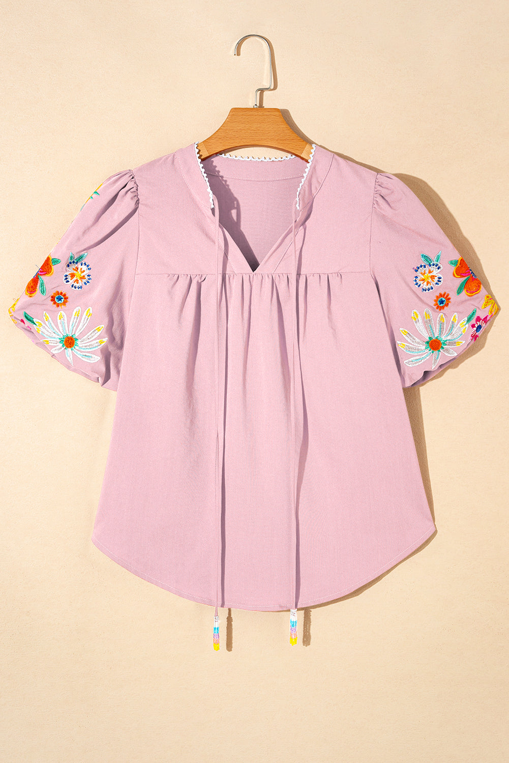 Clearly Aqua Floral Embroidered Puff Sleeve Split Neck Blouse