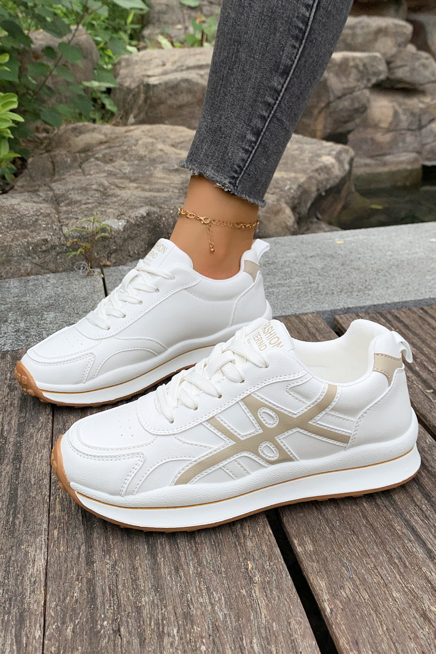 White Playful Contrast Color Detail Lace Up Womens Sneakers