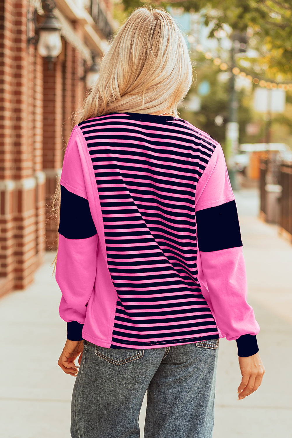 Pink Stripe Color Block V Neck Loose Fit Long Sleeve Top