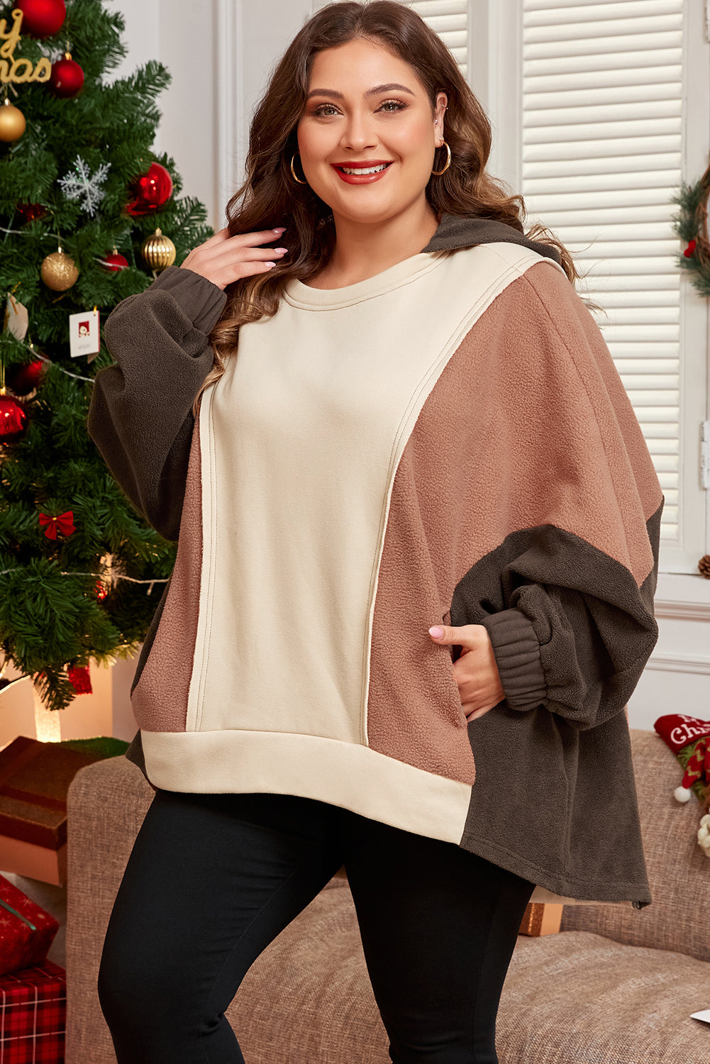Beige Oversized Color Block Patchwork High Low Hoodie
