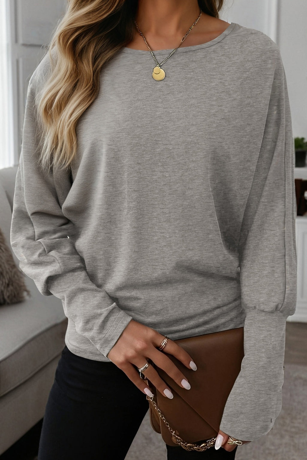 Four Leaf Clover Solid Color Extended Cuffs Long Sleeve Top