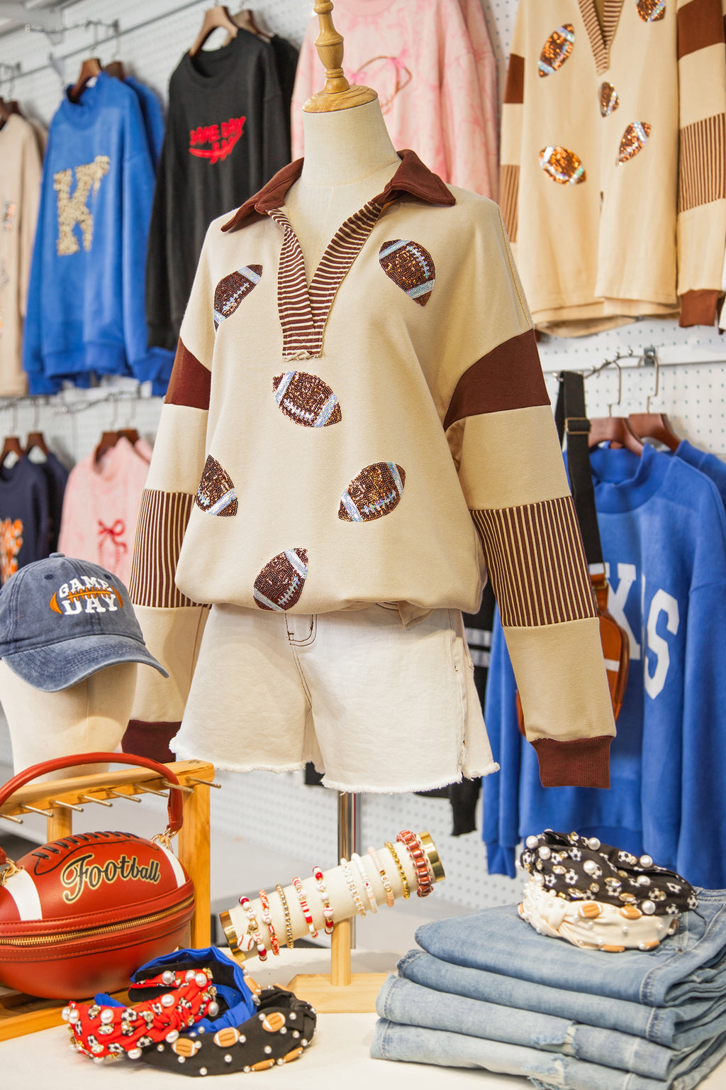 Light French Beige Color Block Striped Patchwork Sequin Rugby Graphic Polo Sweatshirt