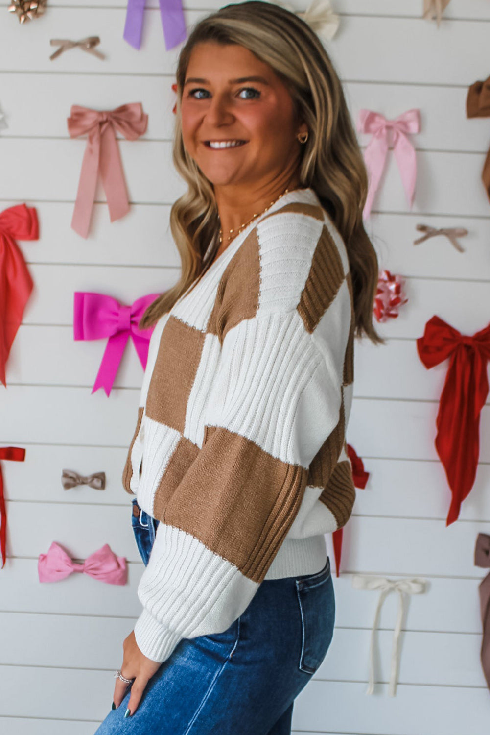 Khaki Checkered Ribbed Texture Knit Plus Size Cardigan Sweater