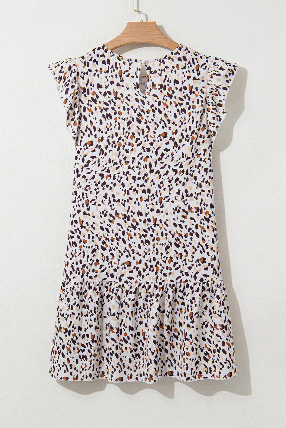 Khaki Leopard Ruffled Flutter Sleeve Keyhole Back Mini Dress