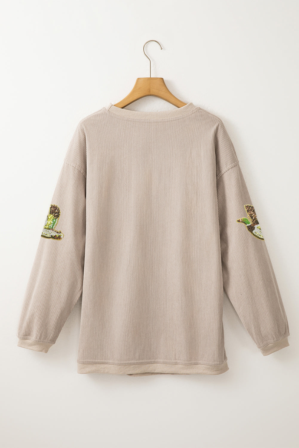 Smoke Gray Sequined Bird Pattern Corded Thanksgiving Sweatshirt