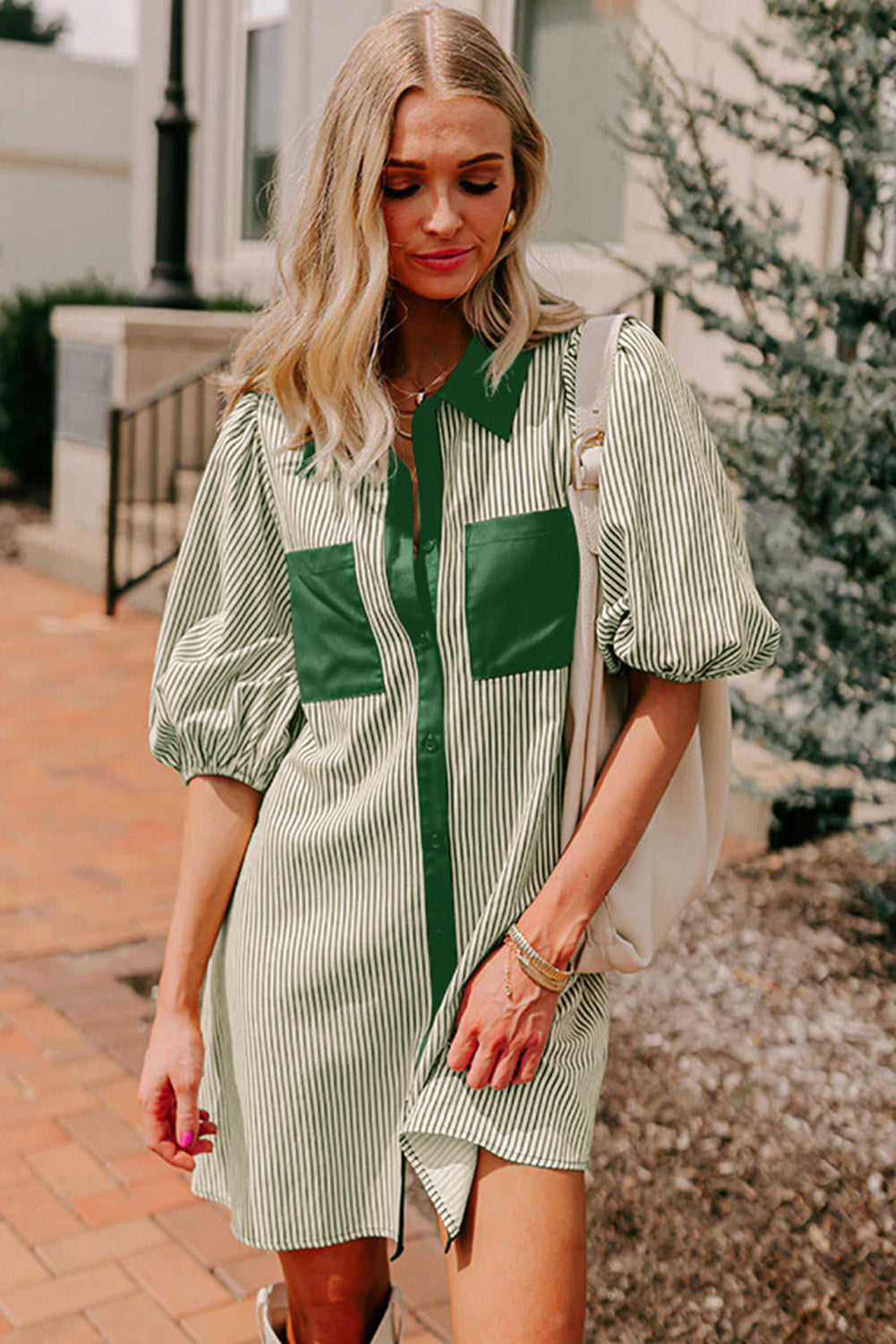 Black Stripe Color Block Patchwork Shirt Collar Button Down Puff Sleeve Mini Dress