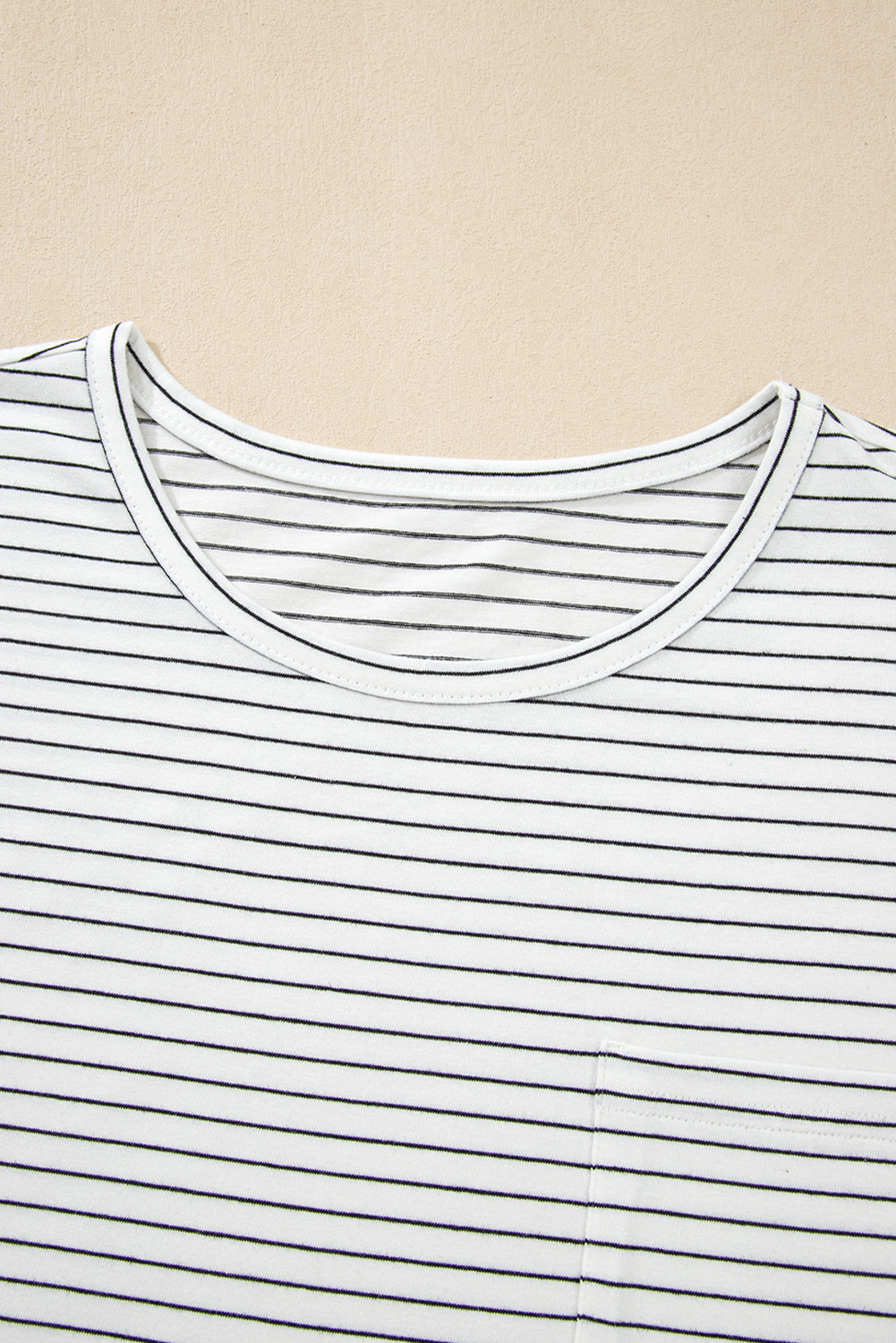 White Stripe Cap Sleeve Crew Neck Casual Tee with Chest Pocket