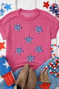 Rose Red Sequin Star Graphic Corded Side Split Patriotic T Shirt