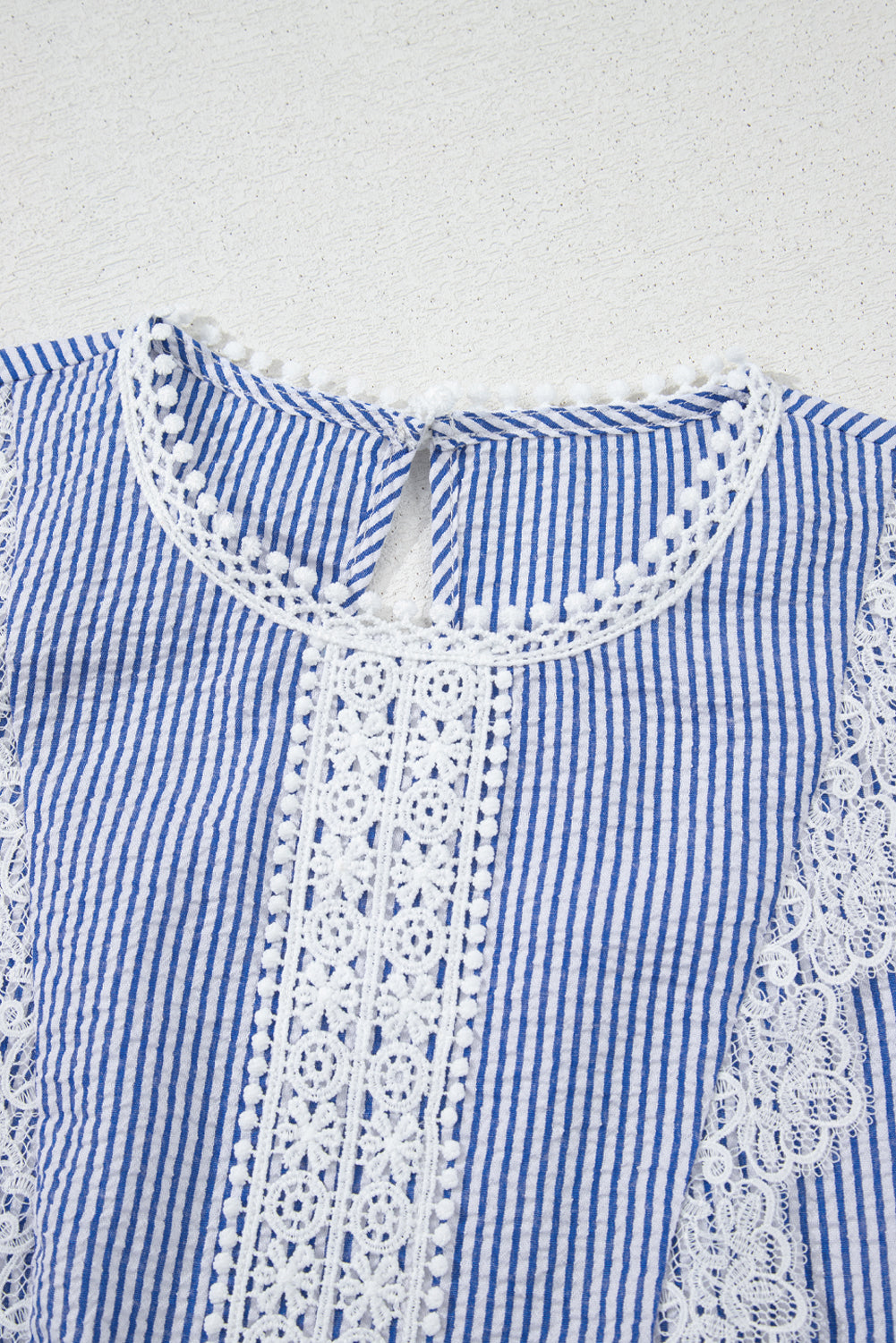 Sky Blue Stripe Floral Lace Splicing Puff Sleeve Blouse
