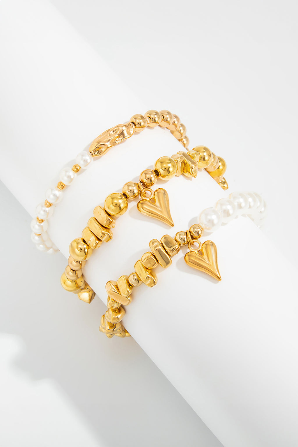 Gold 3pcs Irregular Beads Pearl Detail Bracelet Set