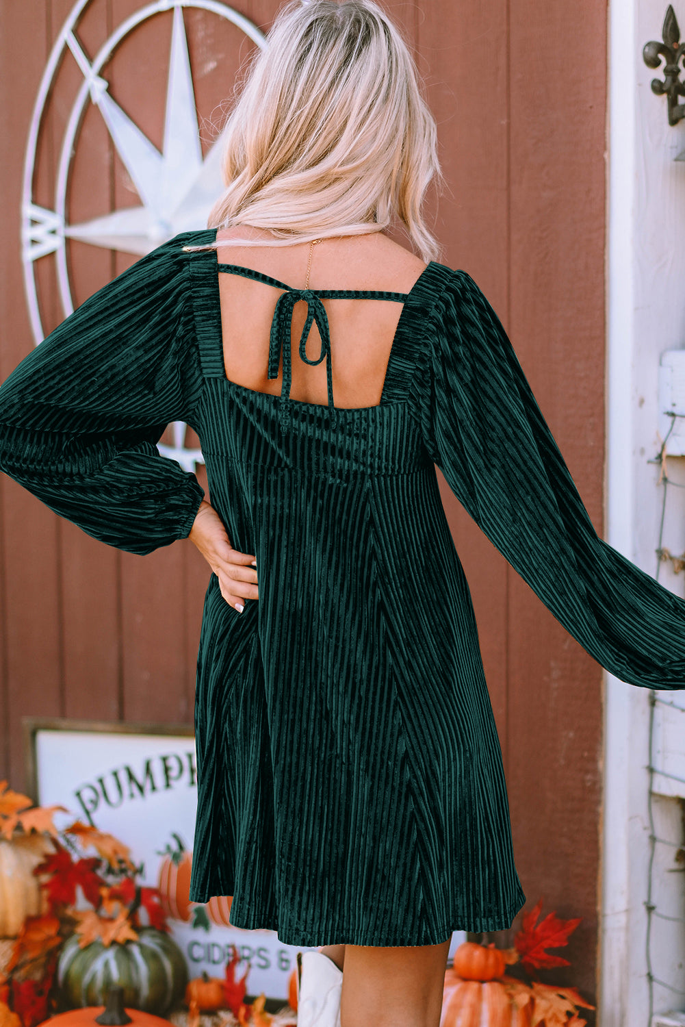 Red Tie Back Square Neck Velvet Babydoll Dress