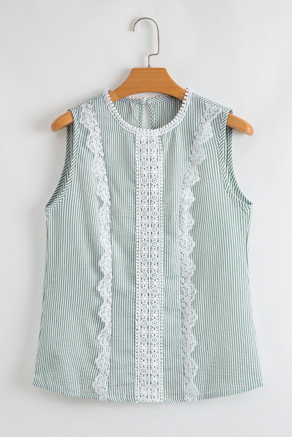 Sky Blue Stripe Floral Lace Splicing Puff Sleeve Blouse