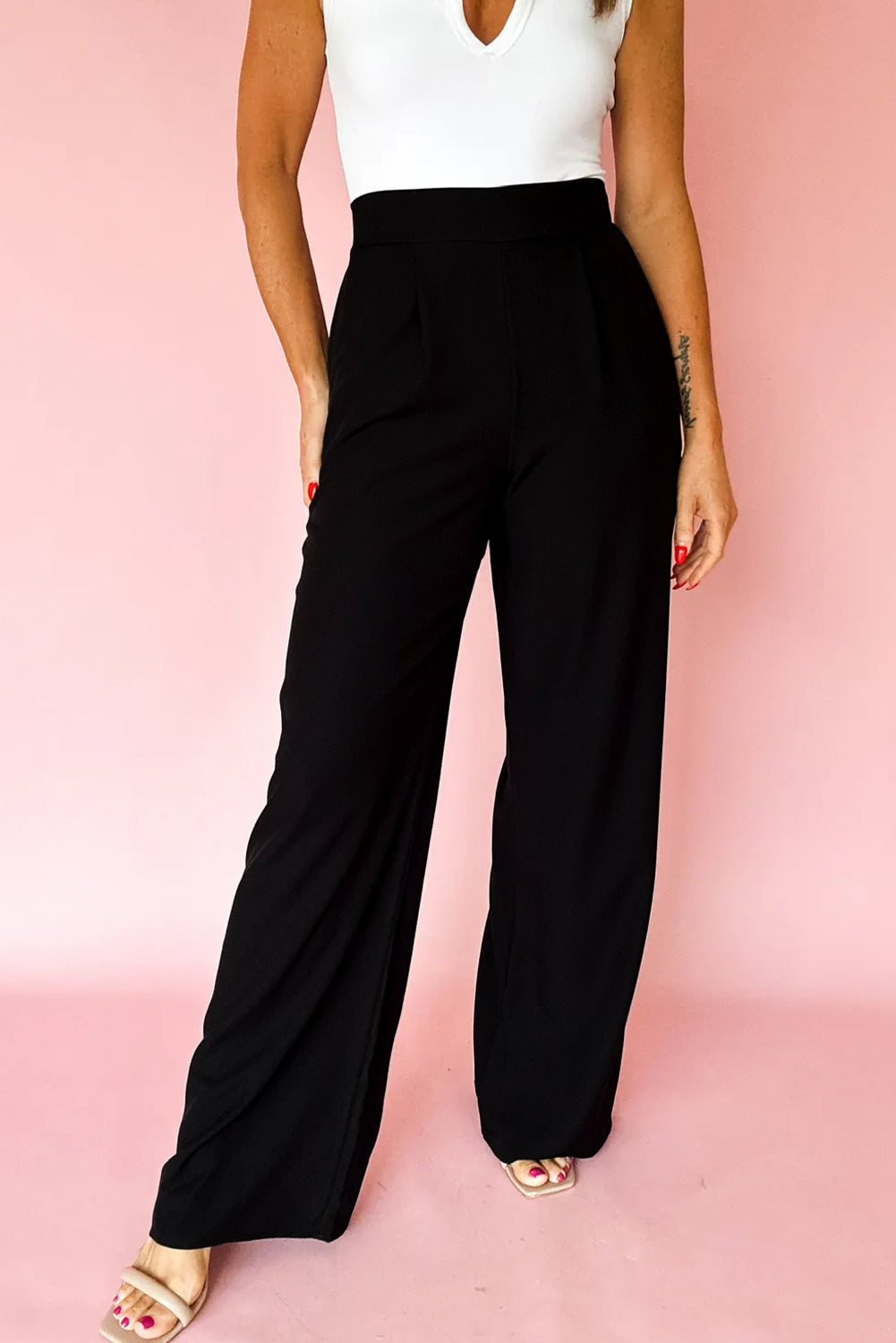 Fiery Red Pleated Detail Pull On High Elastic Waist Loose Straight Pants
