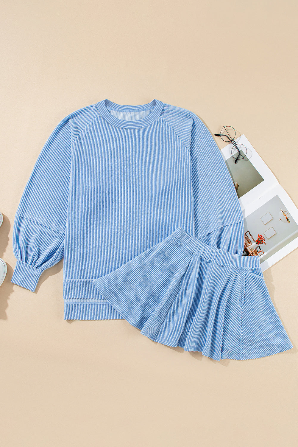 Jet Stream Corded Lantern Sleeve Top High Waist Ruffled Mini Skort Set