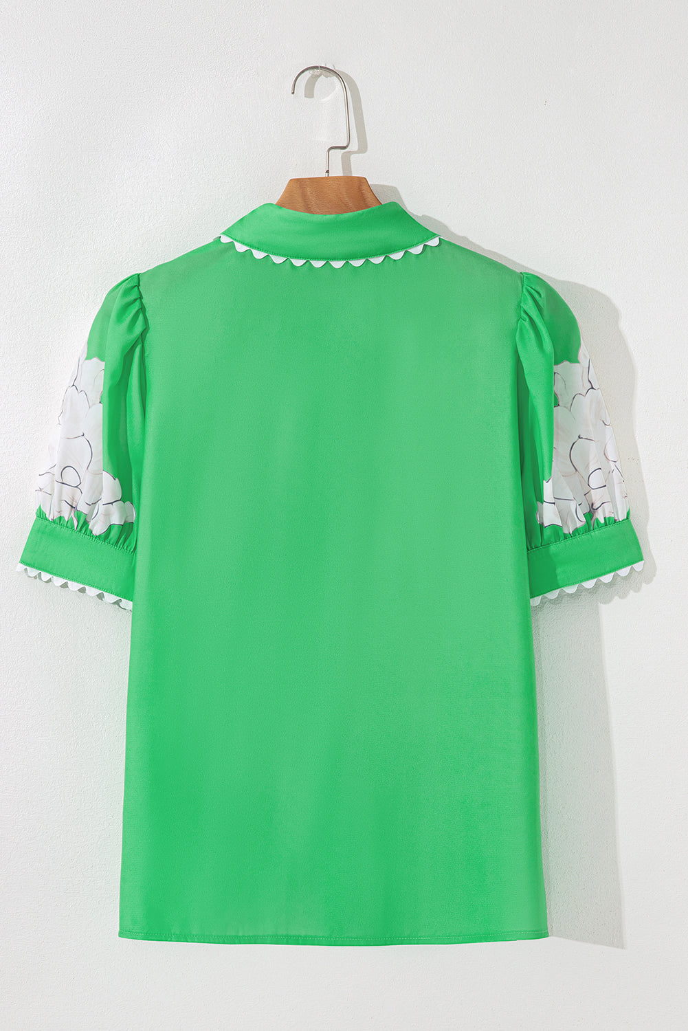 Sky Blue Floral Ric Rac Edge Puff Sleeve Button Up Summer Shirt