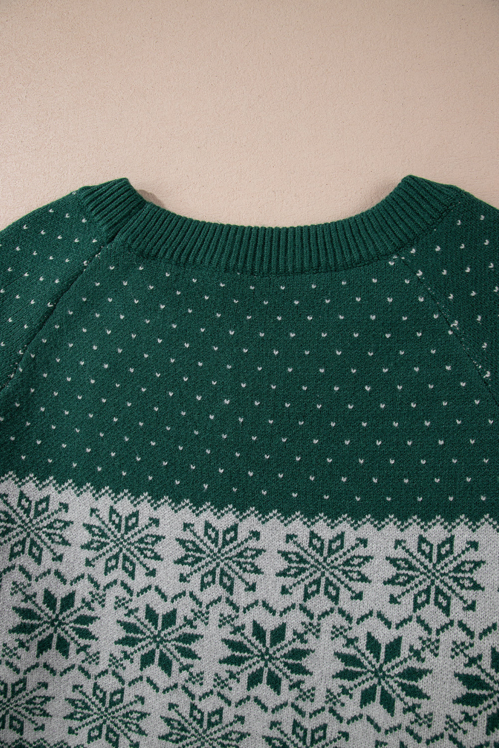 Green Christmas Snowflake Dotted Print Round Neck Sweater