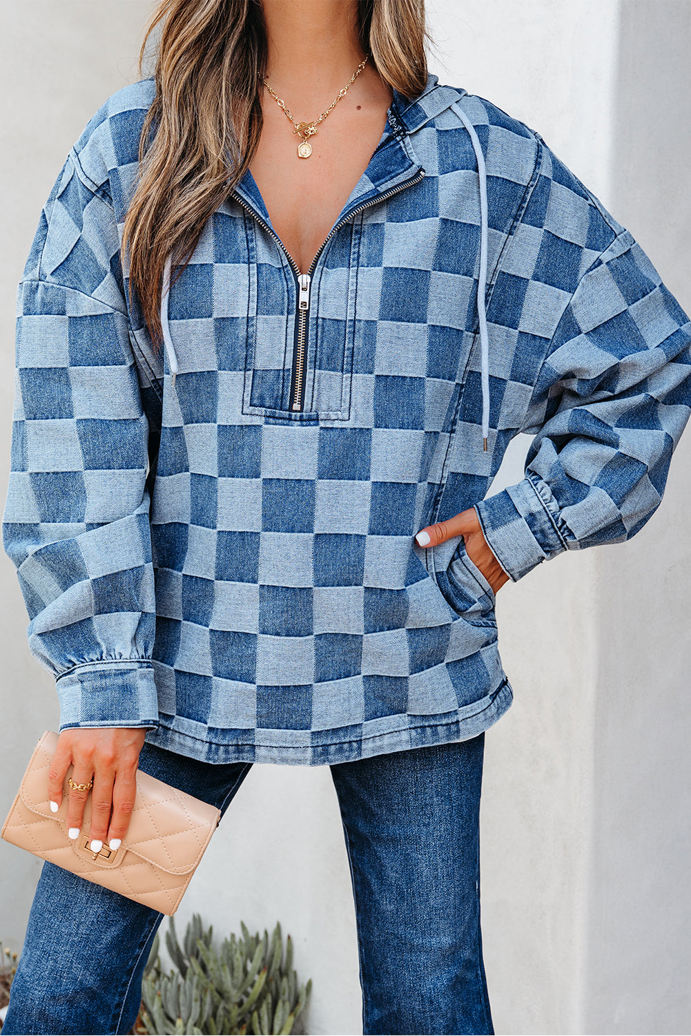Dark Grey Checkered Denim Wide Leg Jeans