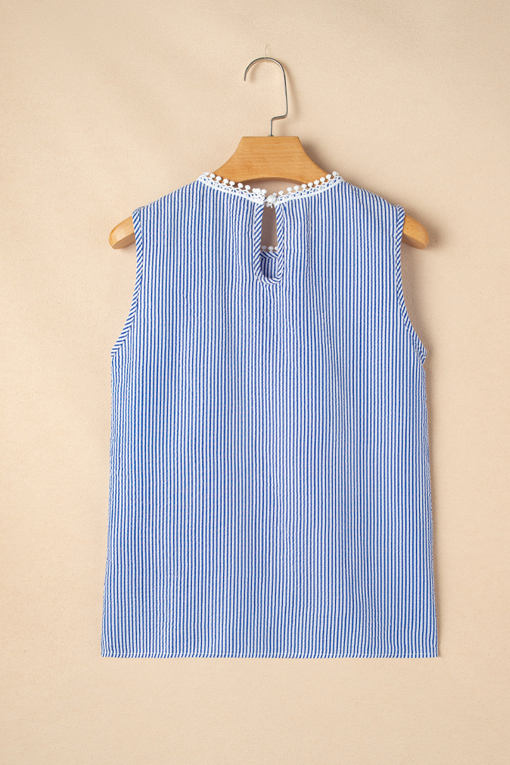 Sky Blue Stripe Floral Lace Splicing Puff Sleeve Blouse