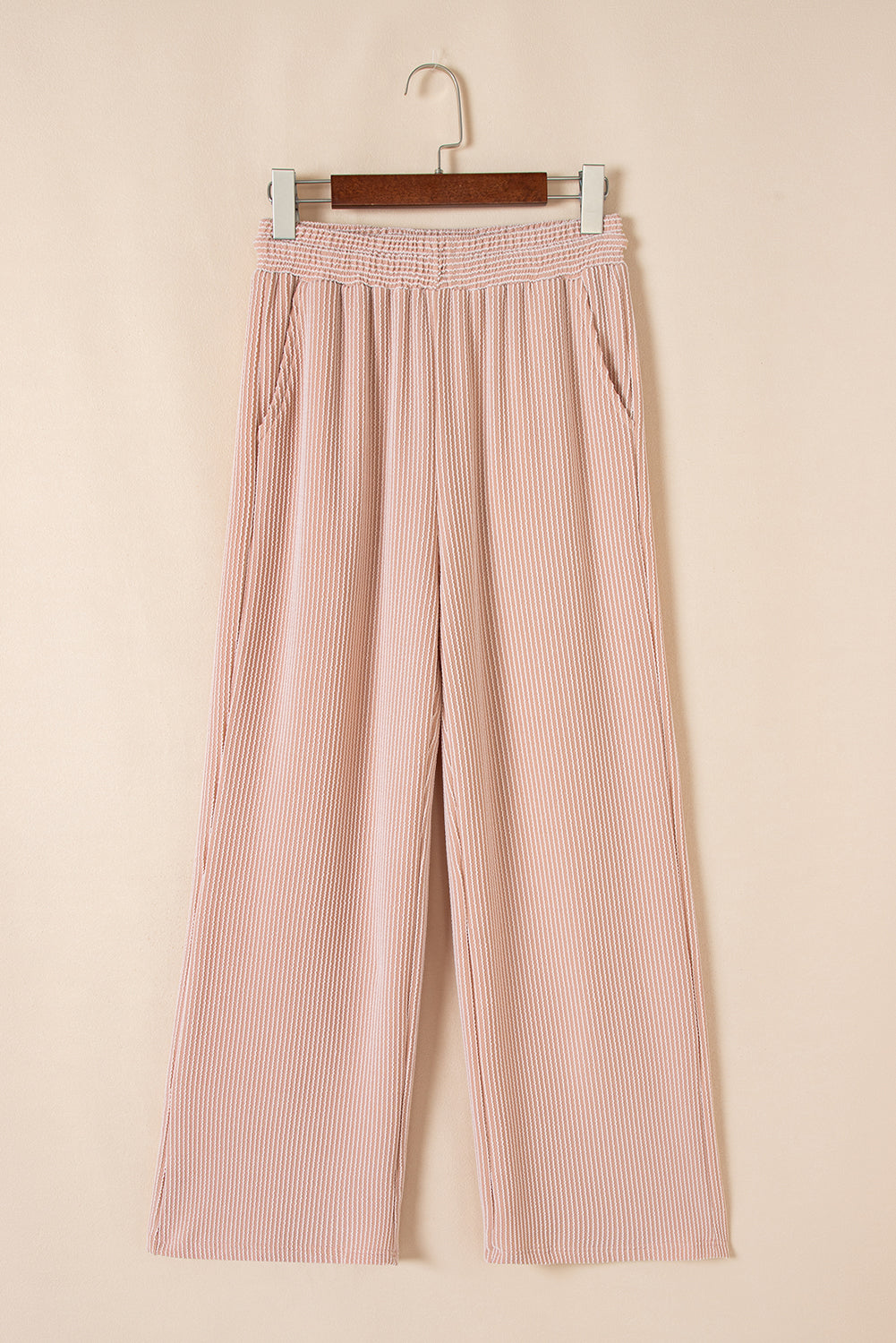 Blue Solid Corded Knit Short Sleeve T Shirt and Wide Leg Pants Set