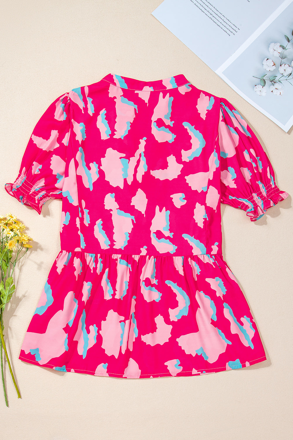 Pink Abstract Printed Puff Short Sleeve Tiered Loose Dress