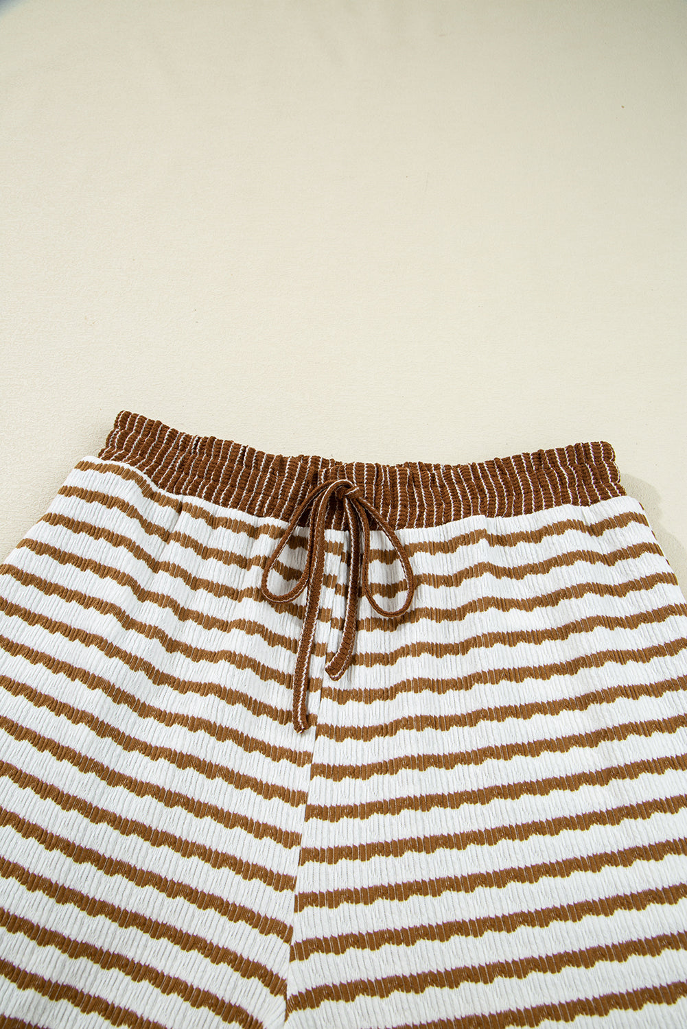 Khaki Stripe Plus Size Collared V Neck Loose Pullover Drawstring Elastic Waist Wide Leg Pant Set