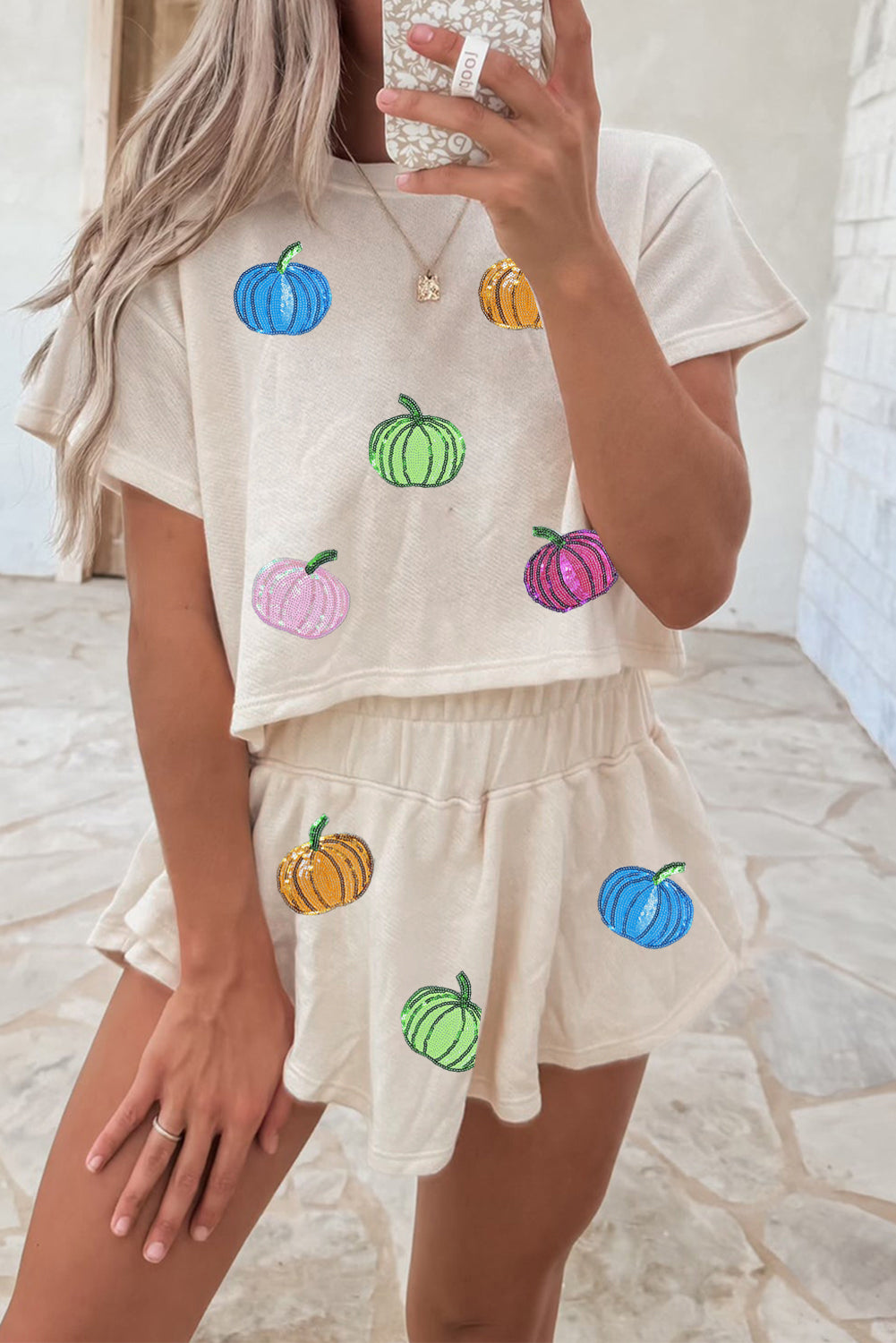 White Colorful Pumpkin Sequin Patched Drop Shoulder Sweatshirt