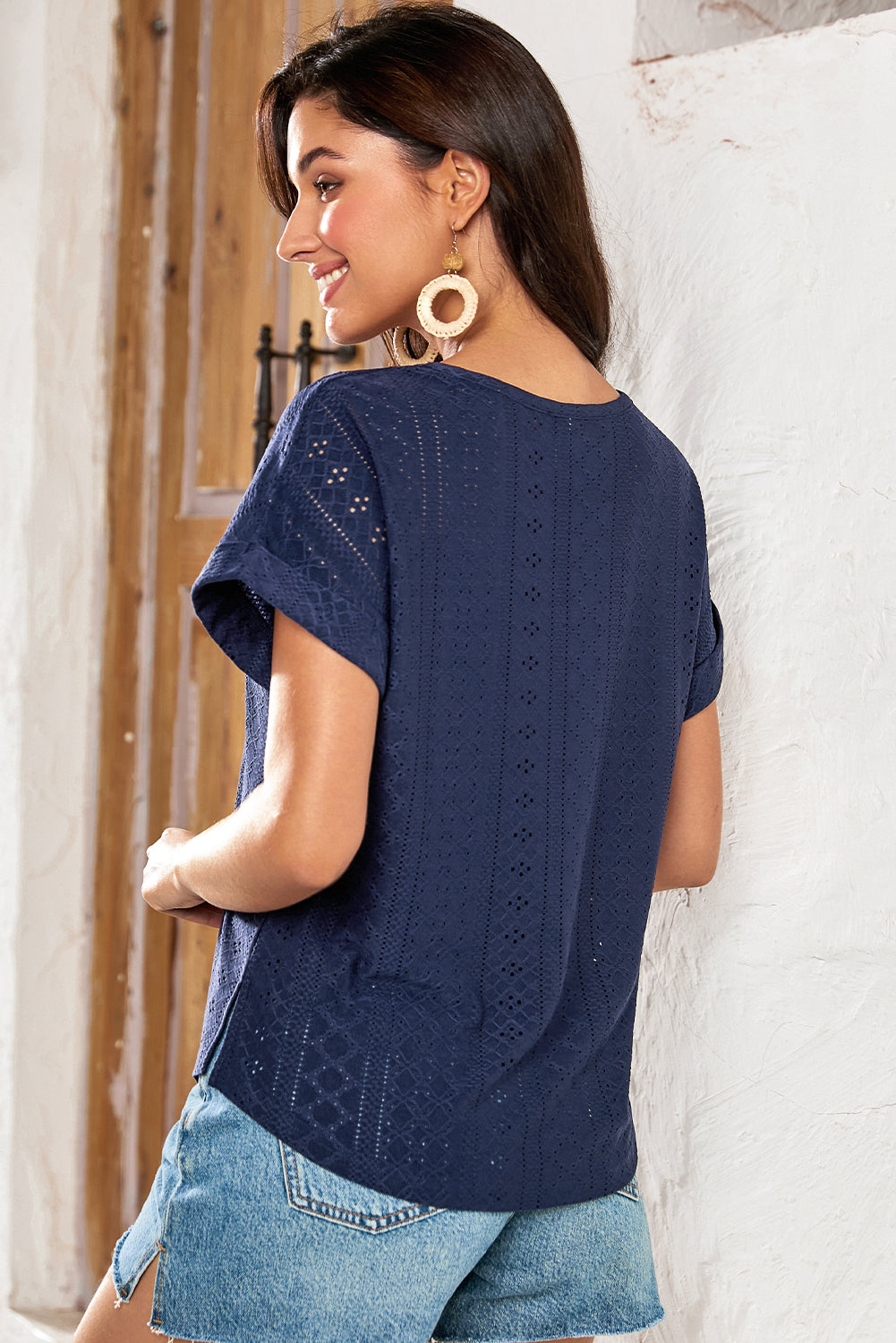 White Solid Color Eyelet Jacquard Cuffed Short Sleeve Top