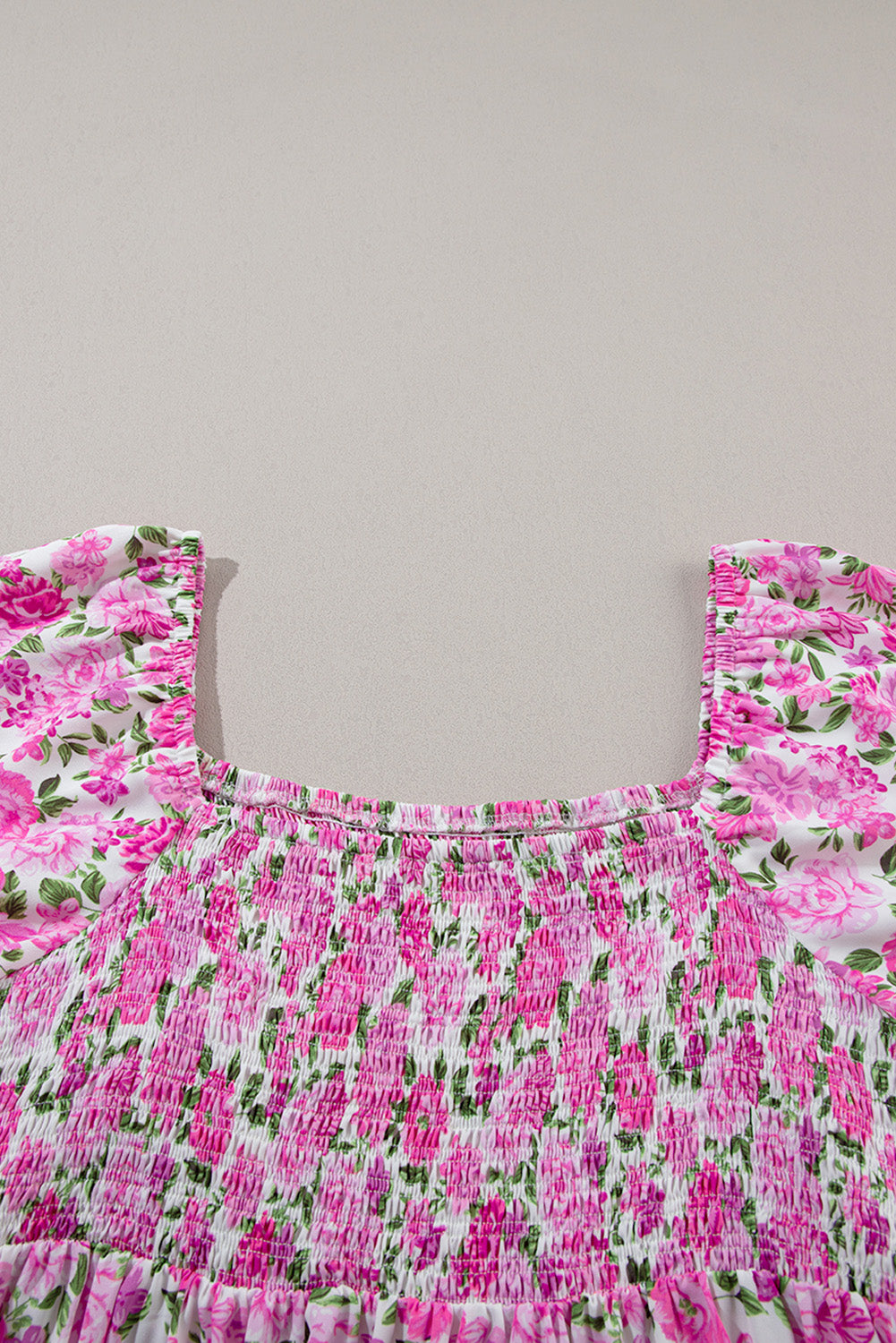 Pink Dainty Floral Smocked Puff Sleeve Flowy Long Dress