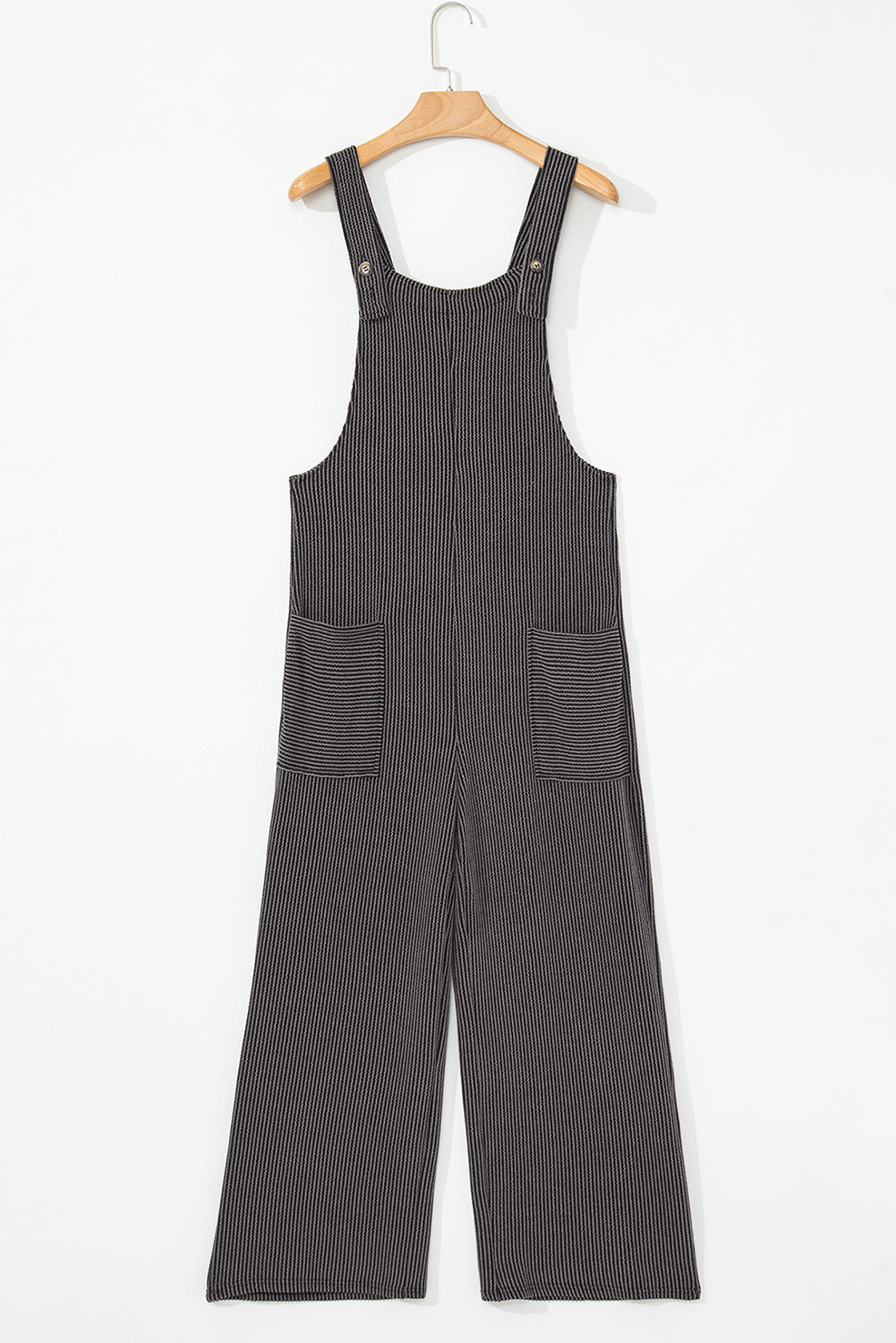 Dark Grey Ribbed Knit Patched Pocket Wide Leg Overalls