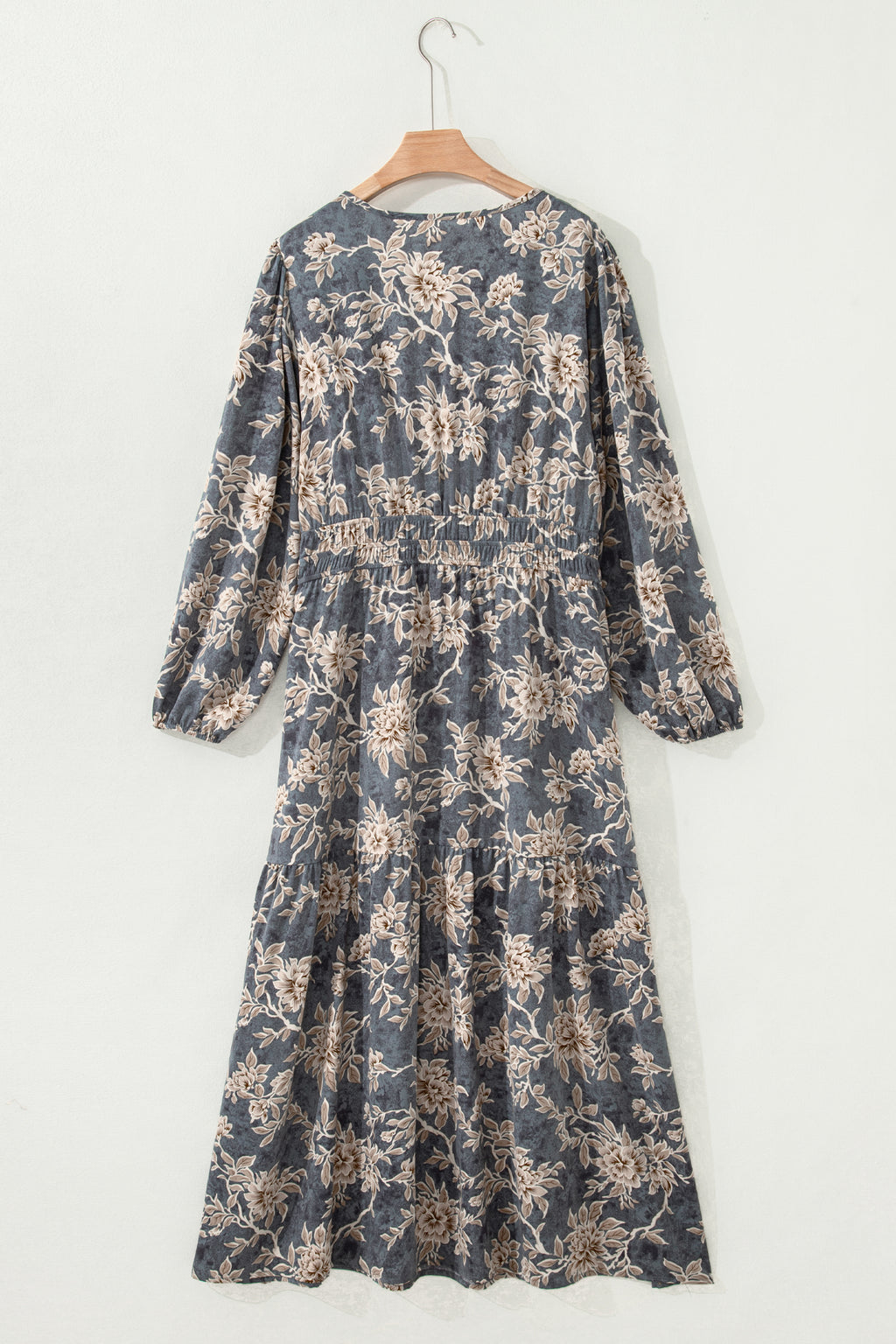 Sky Blue Floral Print Smocked High Waist Long Sleeve Maxi Dress