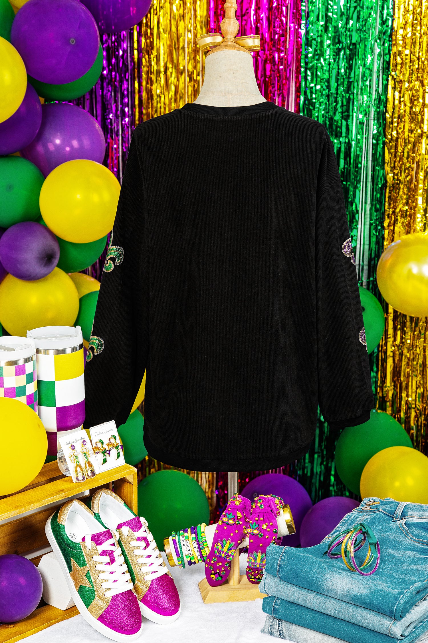 Black Corded Ribbed Sequin Fleur De Lis Graphic Pullover Sweatshirt