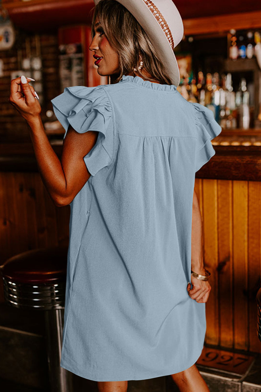 Black Frilled V Neck Pleated Ruffle Detail Short Shift Dress