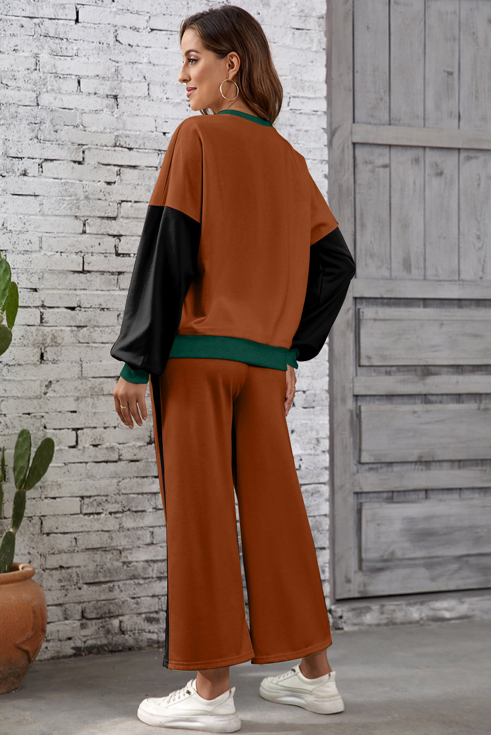Apricot 2pcs Color Block Pullover Loose Pant Set