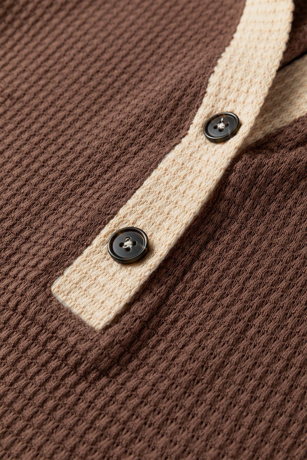 Coffee Waffle Contrast Half Buttoned Hooded Pullover Top
