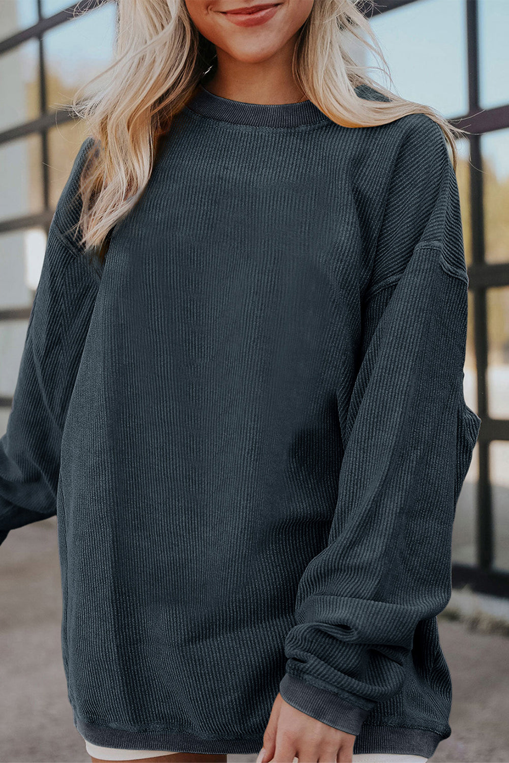 Grass Green Ribbed Corded Oversized Sweatshirt