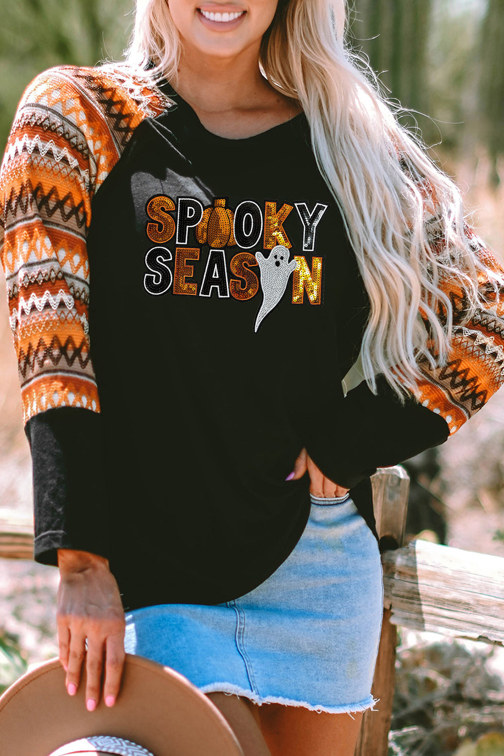 Orange SPOOKY SEASON Sequin Patched Halloween Graphic Contrast Long Sleeve Top