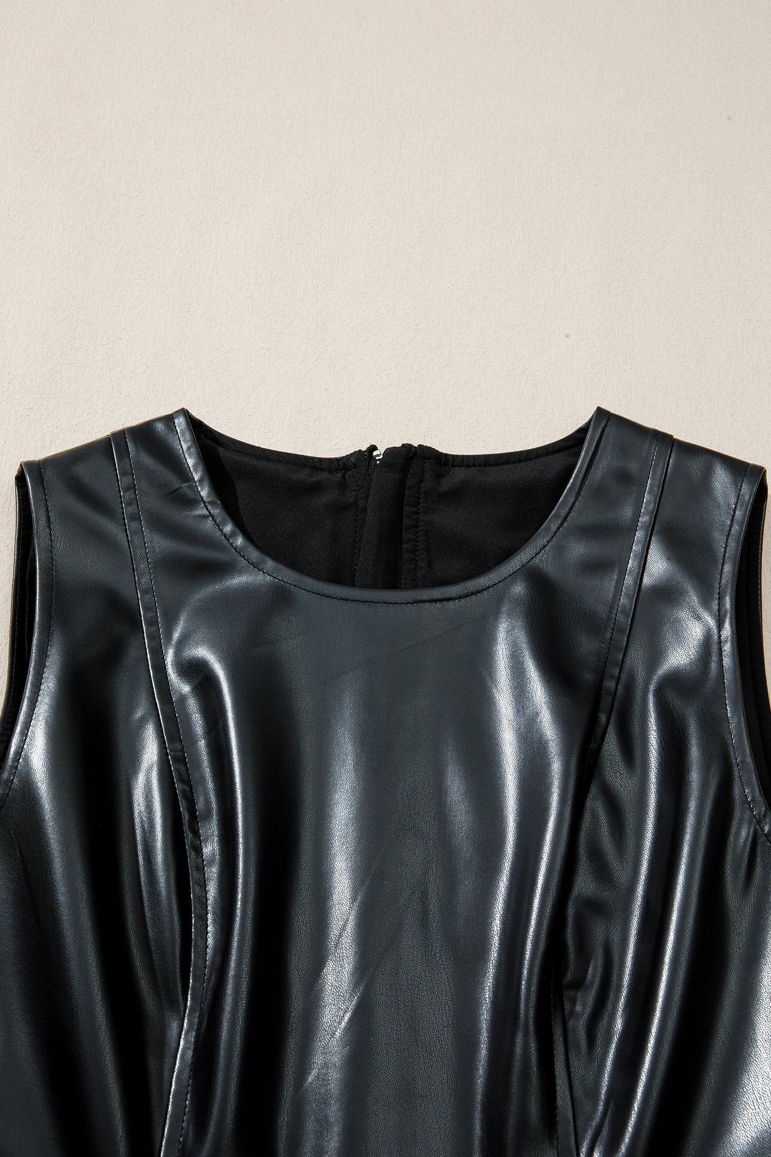 Black Faux Leather Ruffle Hem Sleeveless Mini Dress