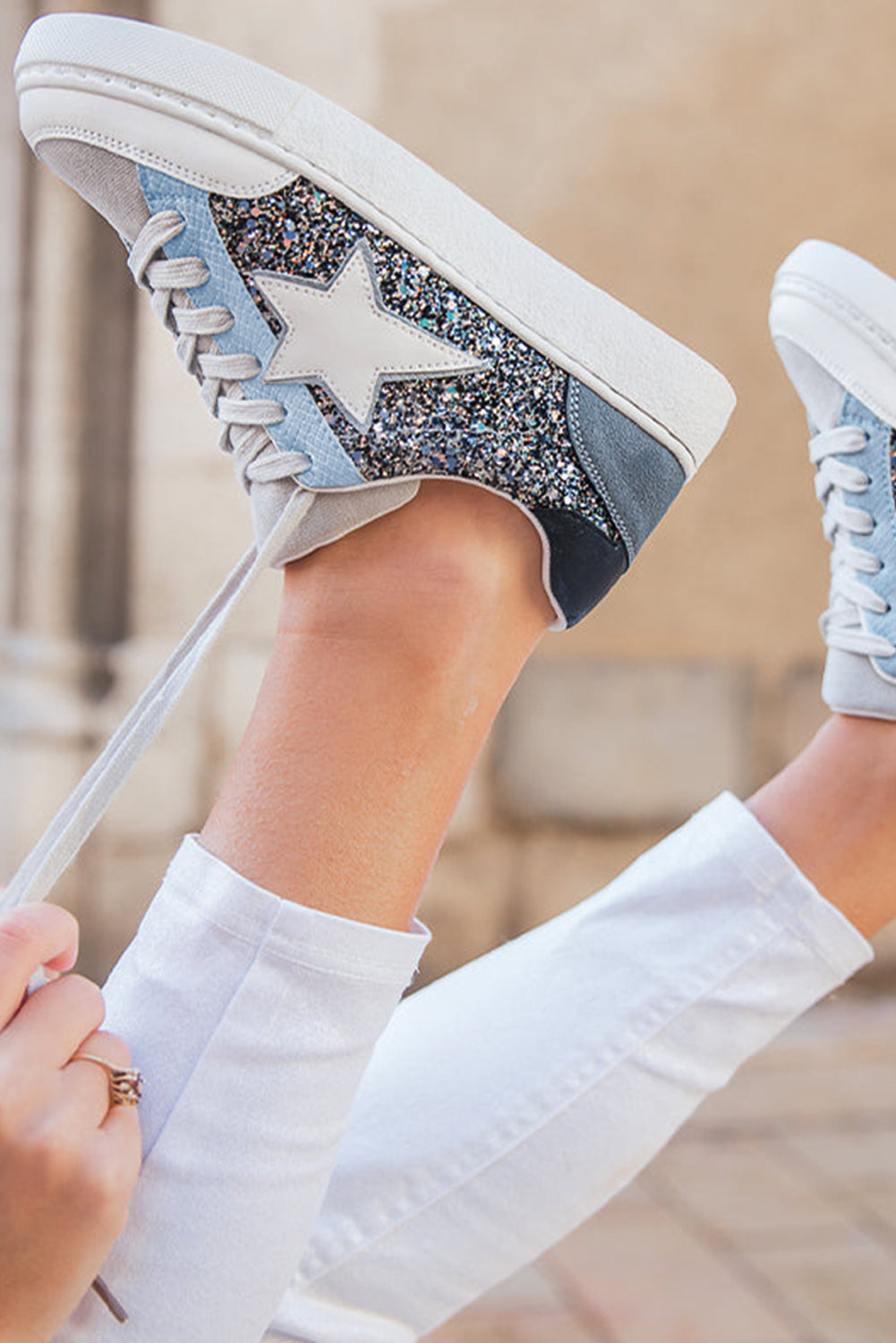 Dearlove Gold Glitter Star Patchwork PU Leather Lace-up Sneakers