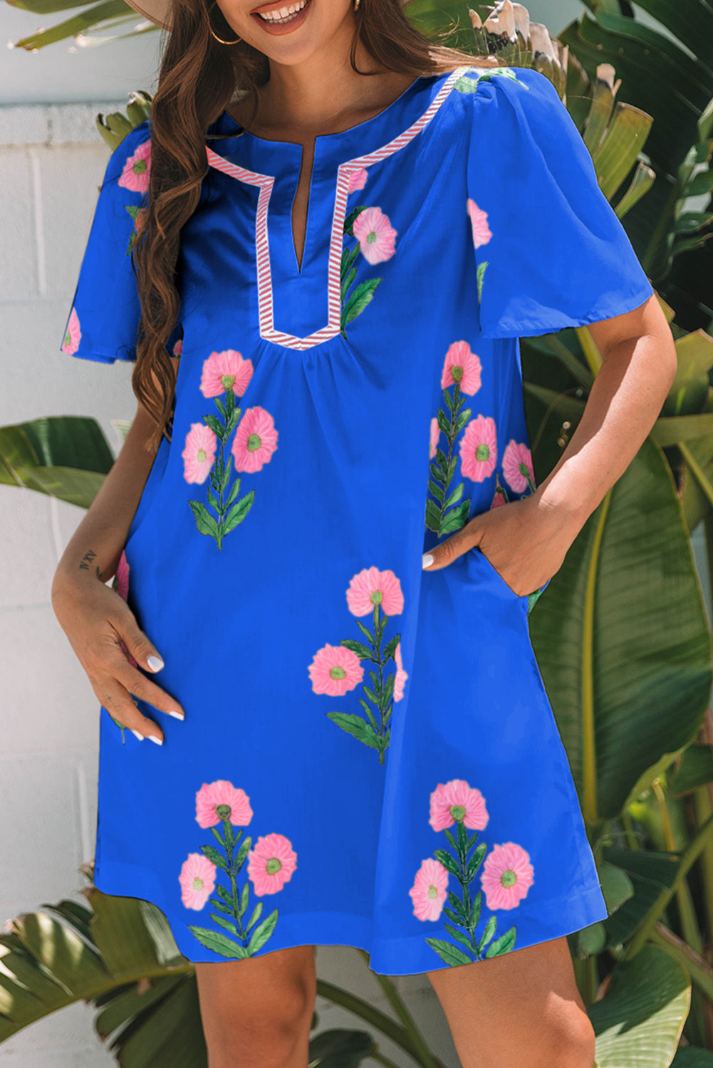Apricot Floral Short Sleeve Split Neck Loose Mini Dress