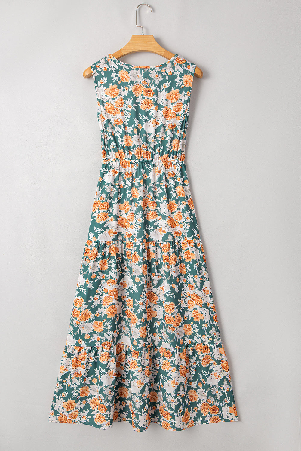 Green Floral Print Trimmed V Neck Tie Waist Sleeveless Holiday Long Dress